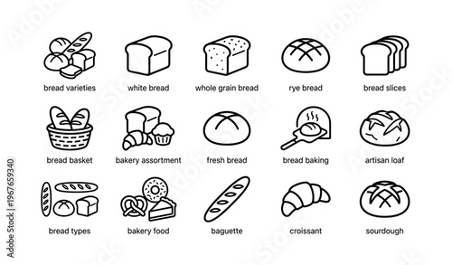Bread varieties and baking icons featuring loaves, slices, and baguettes