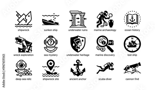 Underwater discovery and shipwreck exploration icon set