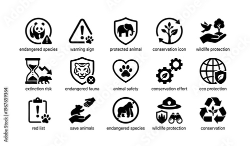 Conservation and wildlife protection icons including endangered species and eco efforts