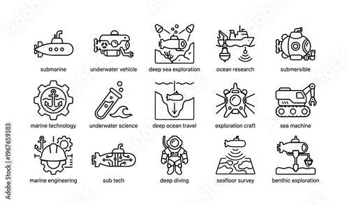 Submarine and deep sea exploration icons representing marine technology and underwater science