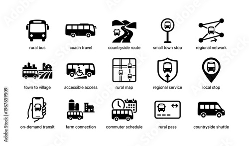 Rural and regional transportation icons depicting bus services and travel connections