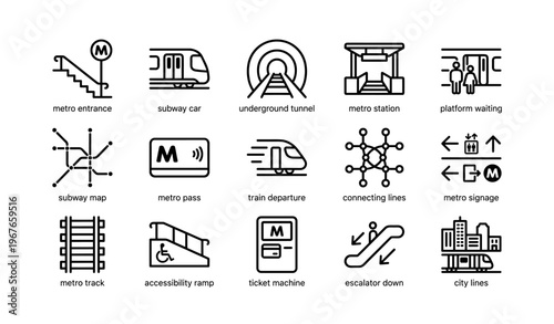 Metro transit icons: entrance, subway, tunnel, escalator, city lines overview