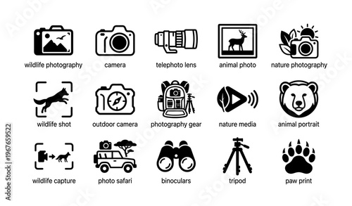 Wildlife photography equipment icons: camera, tripod, binoculars, nature media