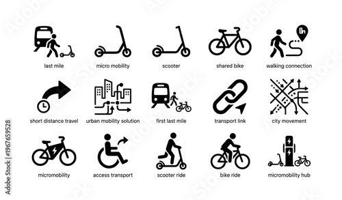 Urban micromobility icons illustrating last mile solutions and sustainable transportation