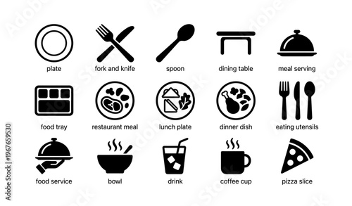 Collection of dining icons: plate, utensils, table, food and drink symbols
