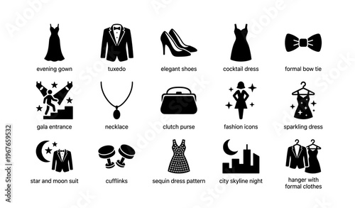 Elegant evening attire icons including dresses, tuxedo, shoes, and fashion accessories