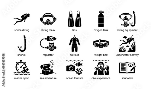 Scuba diving gear and accessories icons for underwater adventure enthusiasts