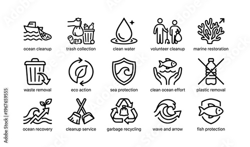 Environmental icons for ocean cleanup and waste management initiatives