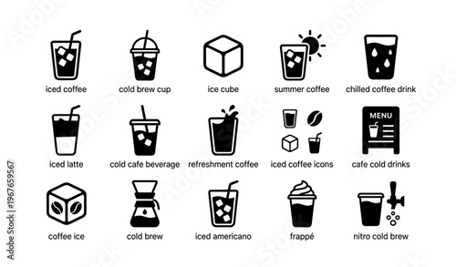 Variety of refreshing iced coffee icons and beverages