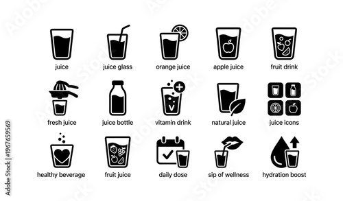Various juice icons: glasses, bottles, and health symbols