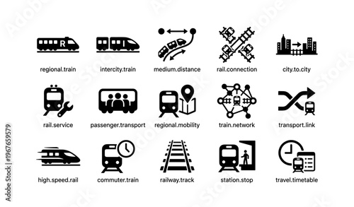 Train icons set: regional, intercity, rail connection, city travel, transport network