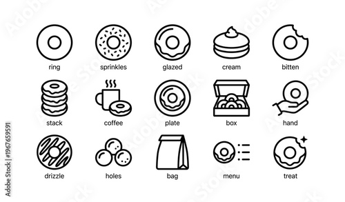 Assorted donut icon set with coffee and treats in minimalist style