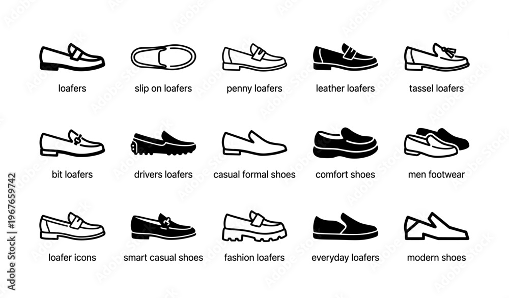Obraz premium Men's loafers icons collection: stylish casual and formal shoe designs