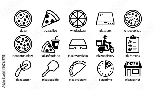 Pizza icons collection: cutter, delivery, menu, slice, parlor