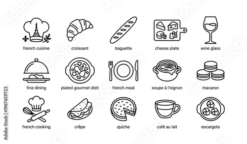 French cuisine icons: croissant, baguette, wine glass, gourmet dish, cheese plate