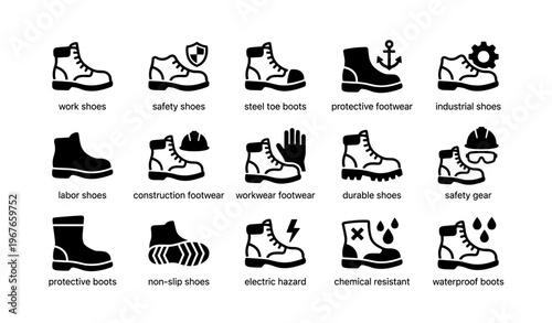 Variety of safety and work footwear icons including boots, non-slip, and waterproof designs