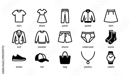 Vector icons of various clothing and accessories for wardrobe illustration