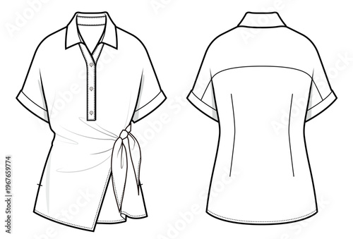 Tie Front Shirt Fashion Flat (Front & Back)
