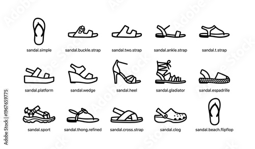 Variety of sandal styles illustrated in black and white icons