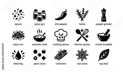 Cooking spice icons collection with kitchen tools and flavoring elements
