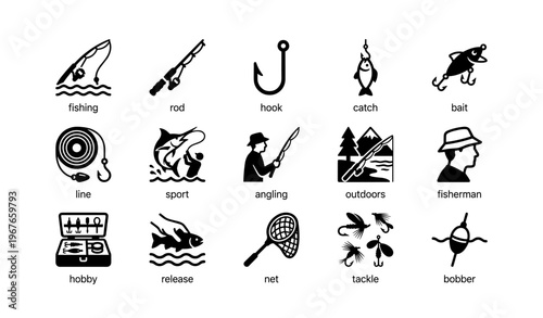 Fishing icon set featuring rods, hooks, fish, and equipment for anglers