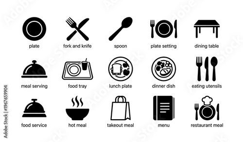 Dining icons: plate, utensils, food tray, lunch plate, menu overview