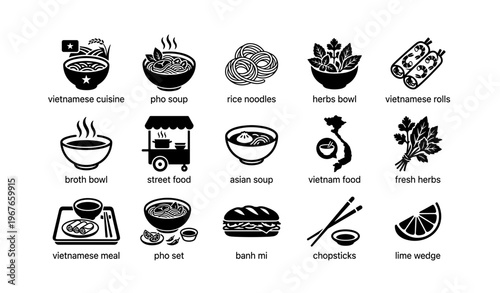 Vietnamese cuisine icons featuring pho, rice noodles, herbs, rolls, banh mi, and chopsticks