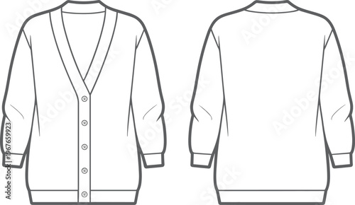 Flat vector cardigan sweater fashion sketch deep v neckline button illustration