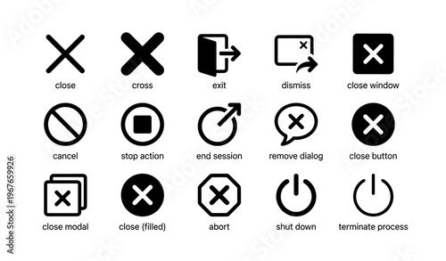 Set of 16 black exit and cancel icons for interface design