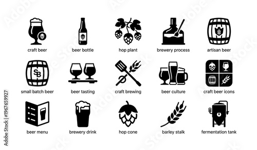 Craft beer icons set with brewing equipment and ingredients