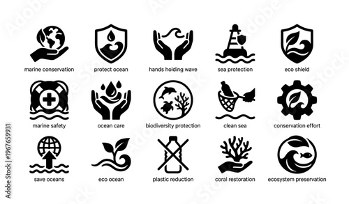 Ocean conservation icons for marine protection and eco awareness