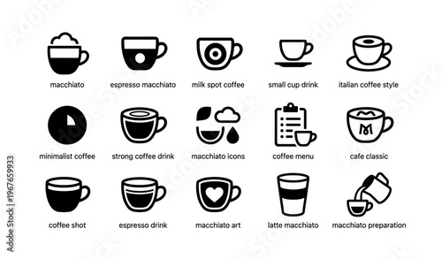 Coffee icon set featuring espresso, macchiato, and latte styles with minimalist designs
