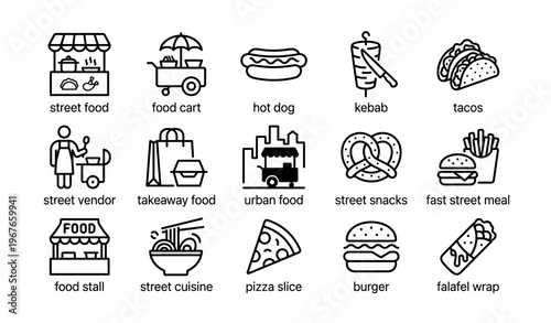 Street food icons collection: vendor, cart, hot dog, kebab, tacos