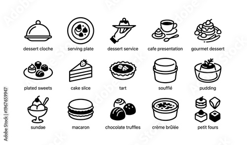 Icon set of various gourmet desserts and serving styles
