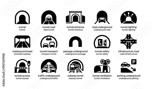 Underground tunnel icon set: roads, passageways, safety, transport and access