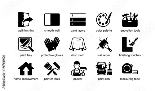 Home improvement icons set featuring renovation tools and paint supplies for diy projects
