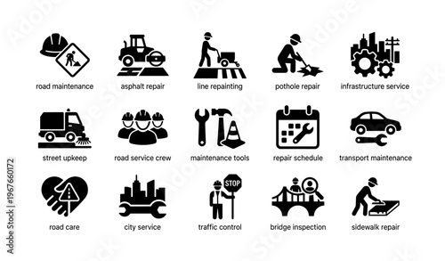 Road maintenance and infrastructure service icons set for urban upkeep