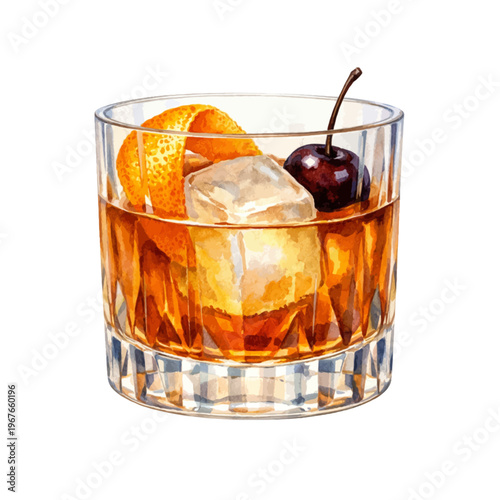 Canvastavla Watercolor Old Fashioned cocktail illustration, whiskey drink in rocks glass with Luxardo cherry and orange peel isolated on white background