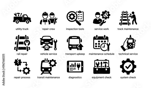 Utility truck and maintenance crew with tools and equipment for service work and track inspection