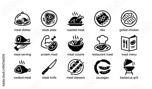 Icons of meat dishes: steak, roasted meat, ribs, grilled chicken
