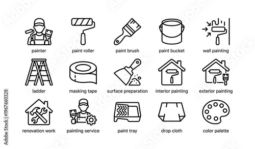 Painting tools and services icons: brush, roller, bucket, ladder, palette, renovation work
