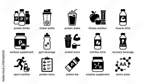Fitness nutrition icons: protein drinks, shaker, supplement, nutrition drink, sport nutrition