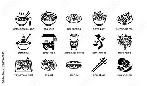 Vietnamese cuisine icons set featuring pho soup banh mi and herbs