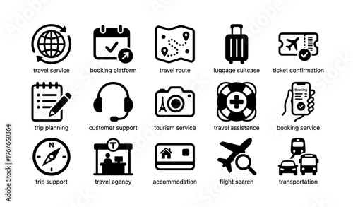 Travel services icons: booking, luggage, route, ticket, planning, support