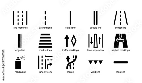 Road markings and symbols: lanes, arrows, and traffic guidance icons