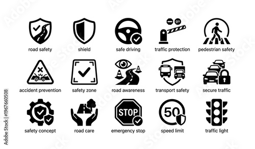 Road safety symbols featuring shield, traffic protection, pedestrian safety, and speed limit icons