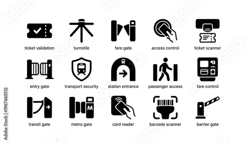 Transportation access control icons: fare gates, ticket validation, and security elements