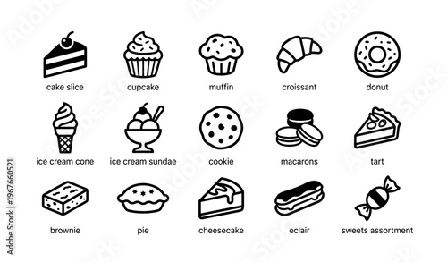 Assorted dessert icons: cake, cupcake, muffin, croissant, donut, ice cream, cookie