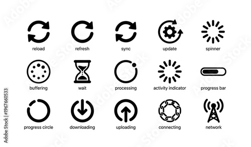 Set of 16 black circular icons for loading and syncing applications
