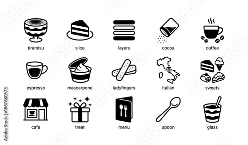 Italian dessert icons: tiramisu, coffee, and sweets in simple black and white style